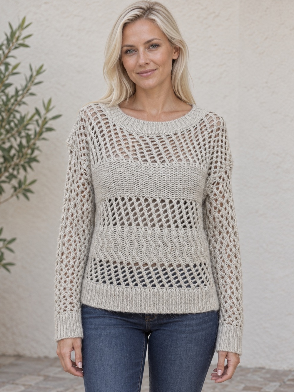 Le Temps Des Cerises Open-Weave Crewneck Sweater in Light Beige